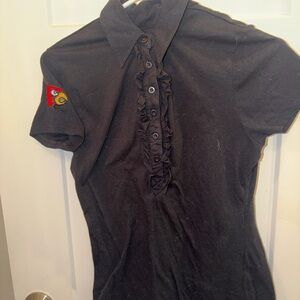 Louisville Black Ruffle Front Polo with Embroidered Cardinal Patch
